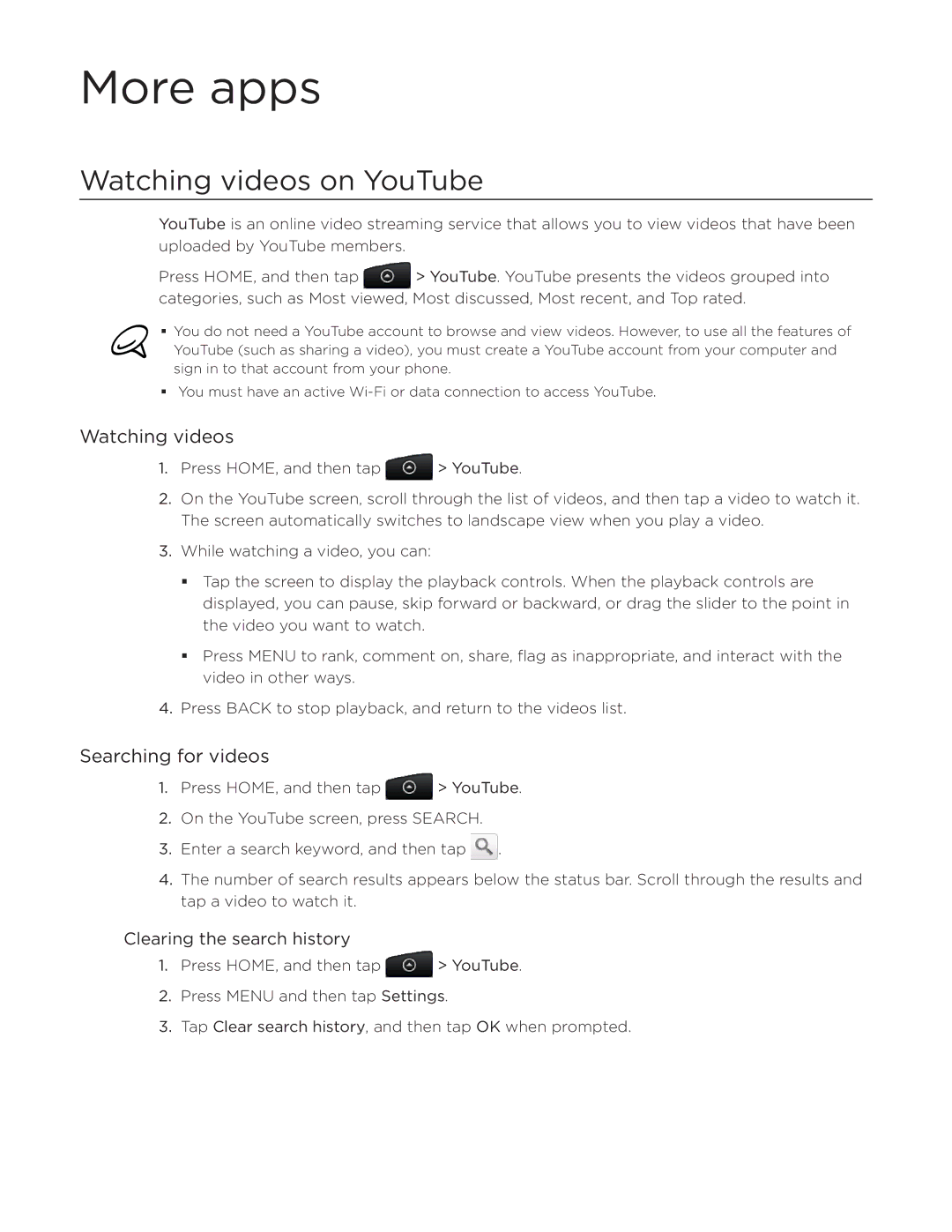 HTC Desire manual More apps, Watching videos on YouTube, Searching for videos, Clearing the search history 