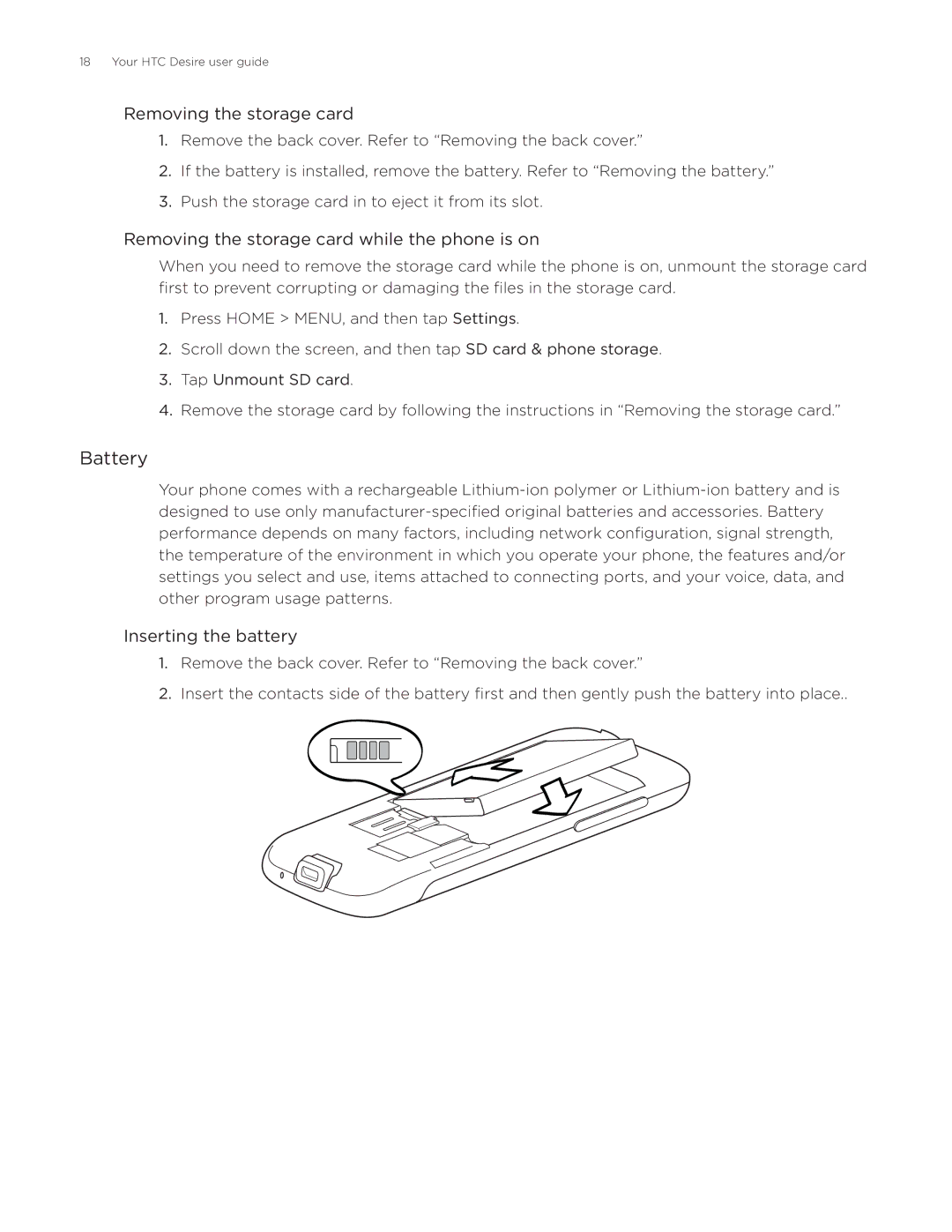 HTC Desire manual Battery, Removing the storage card while the phone is on, Inserting the battery 