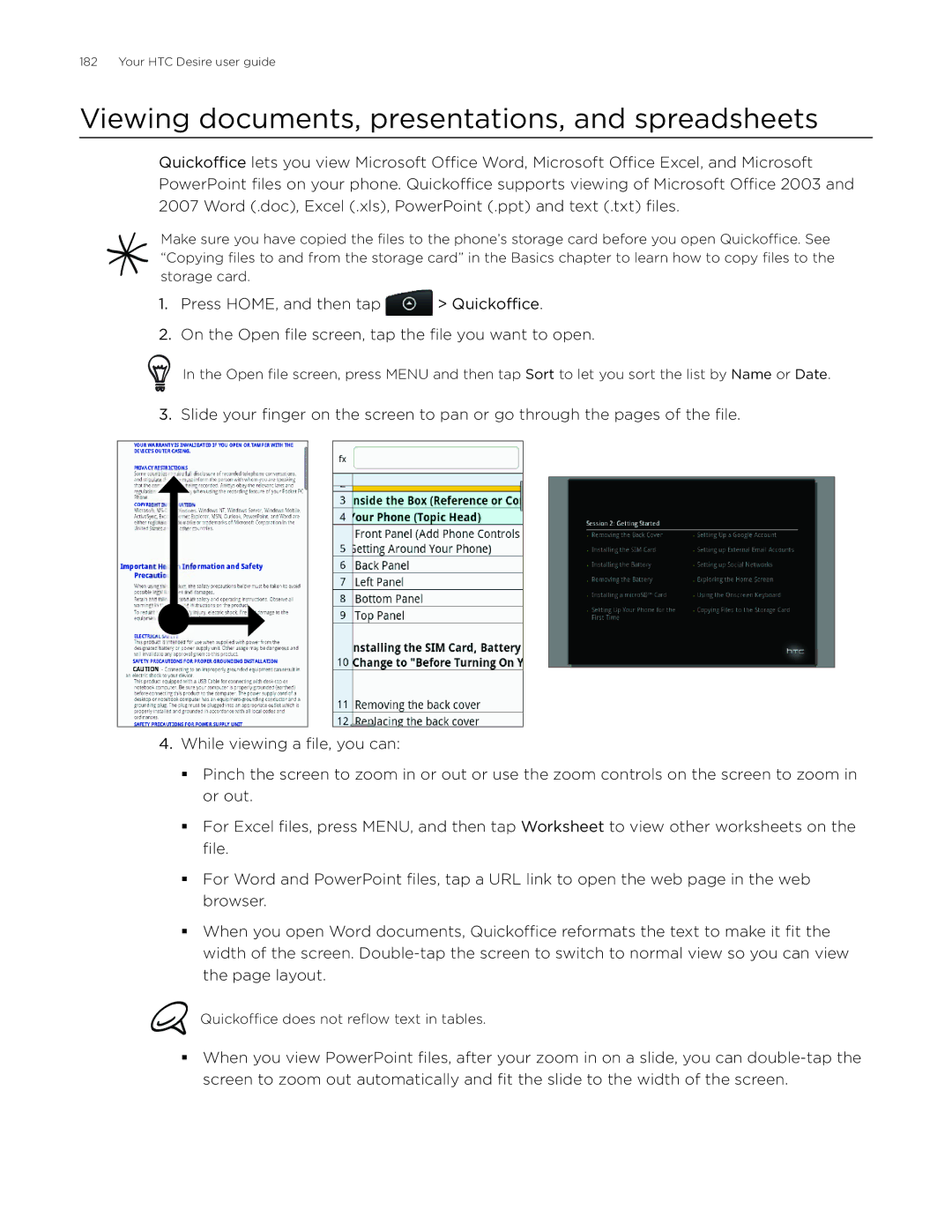 HTC Desire manual Viewing documents, presentations, and spreadsheets 