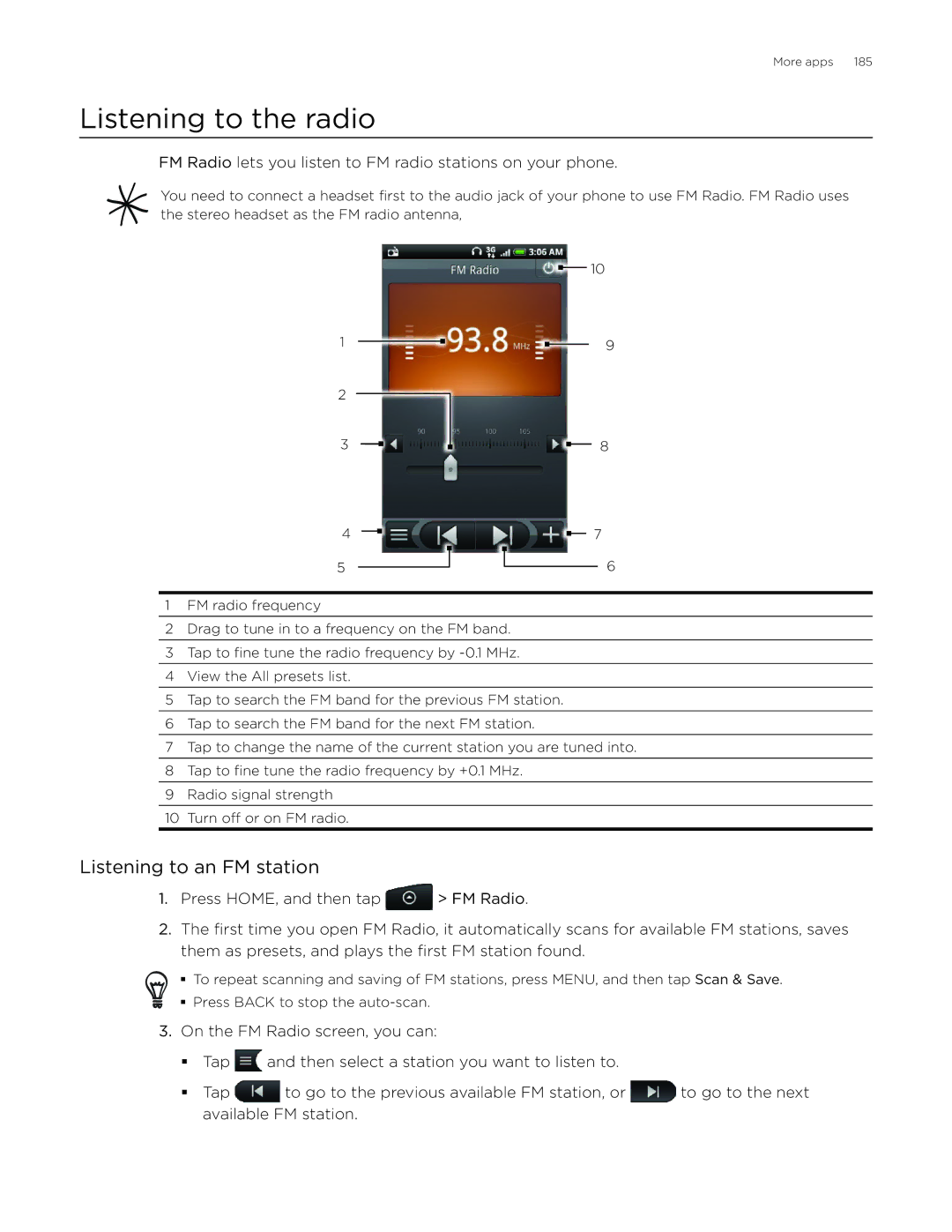 HTC Desire manual Listening to the radio, Listening to an FM station 