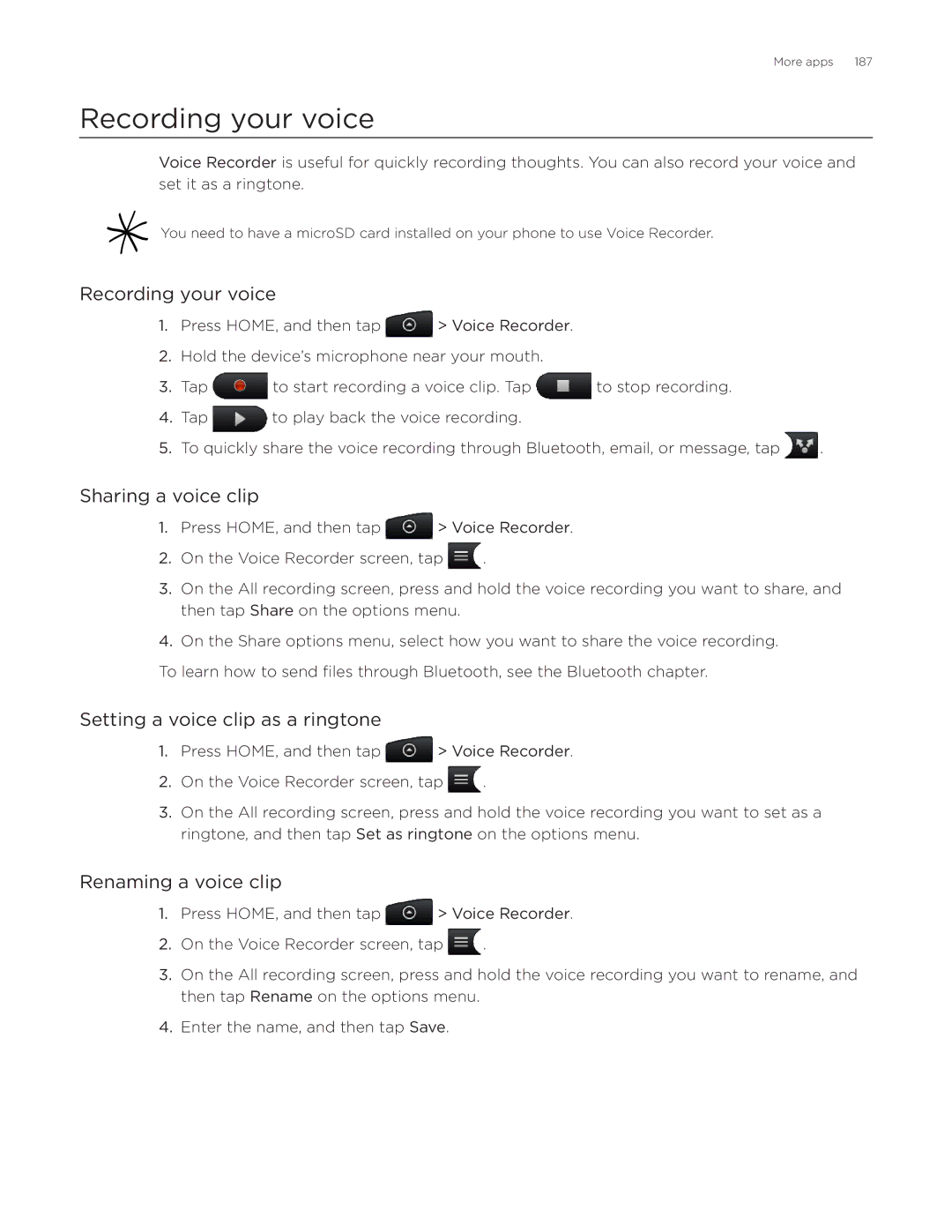 HTC Desire manual Recording your voice, Sharing a voice clip, Setting a voice clip as a ringtone, Renaming a voice clip 