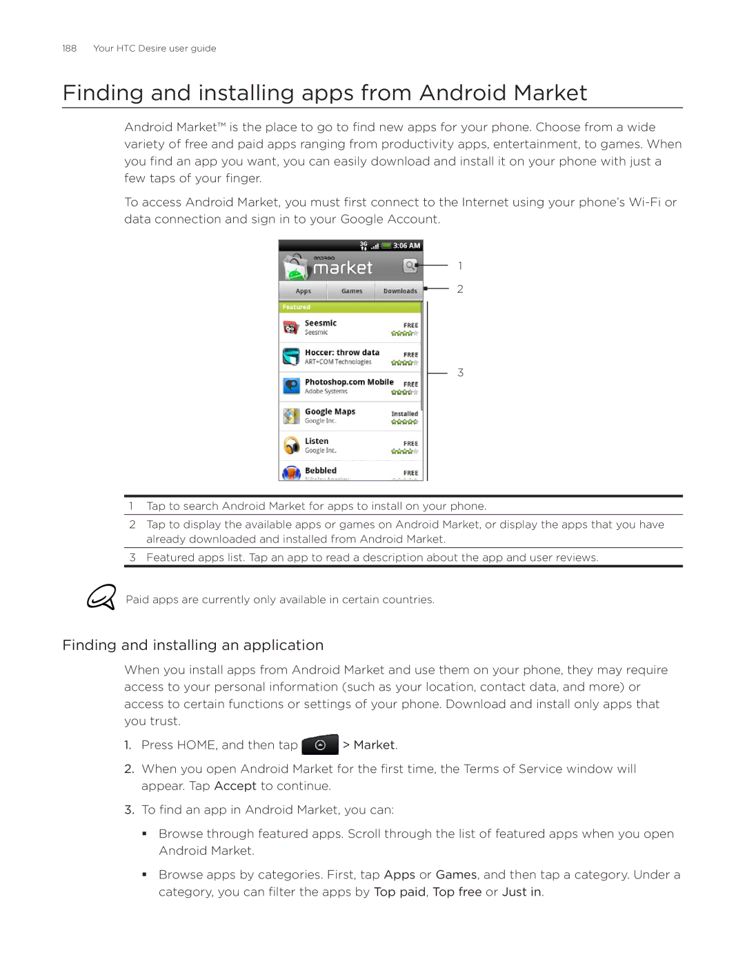 HTC Desire manual Finding and installing apps from Android Market, Finding and installing an application 