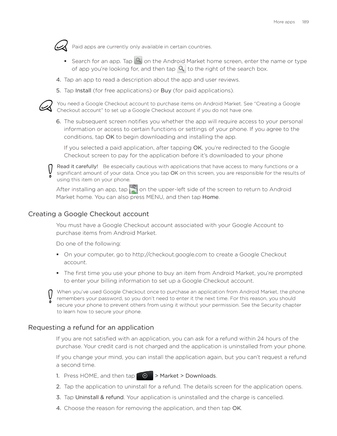 HTC Desire manual Creating a Google Checkout account, Requesting a refund for an application 