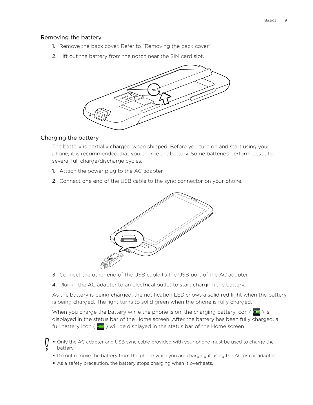 HTC Desire manual Removing the battery, Charging the battery 