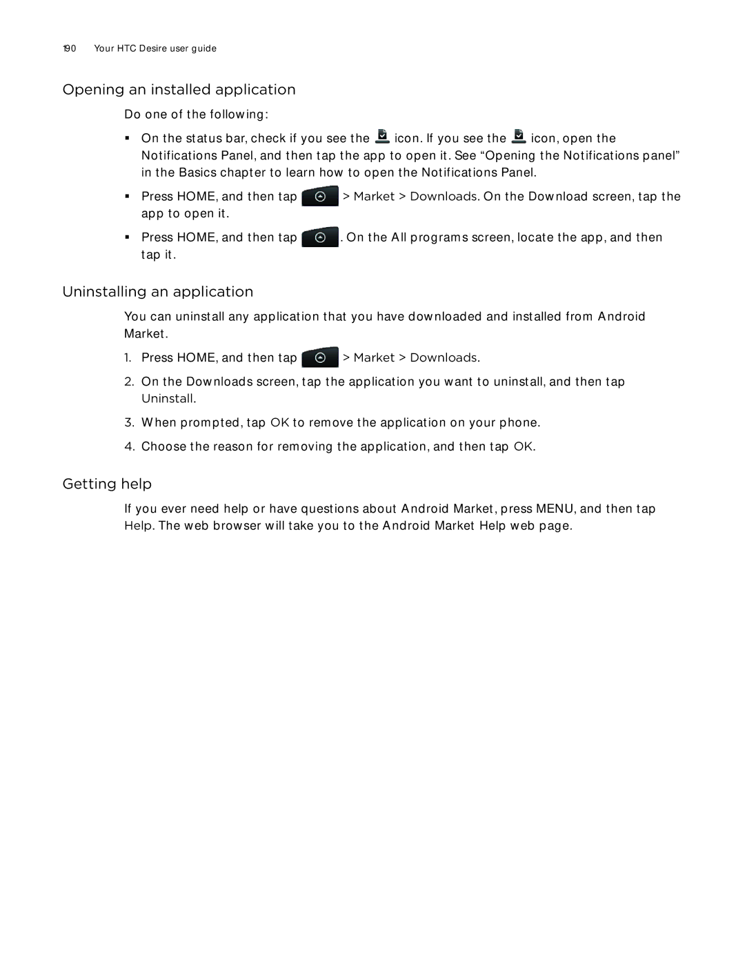 HTC Desire manual Opening an installed application, Uninstalling an application, Getting help 