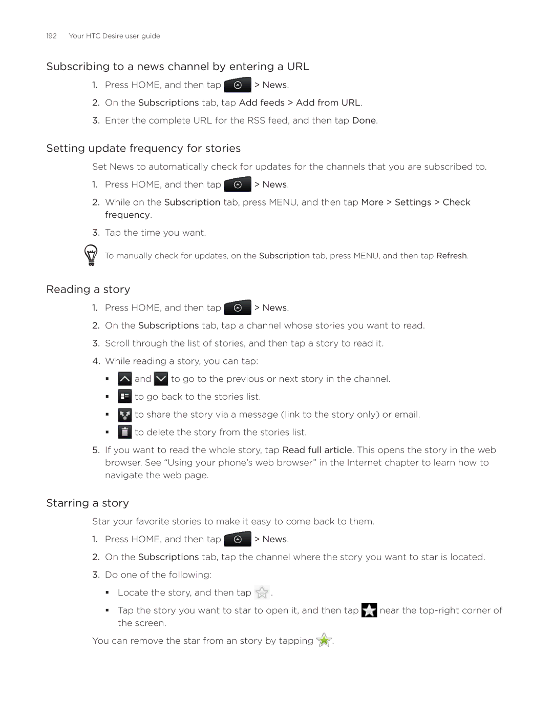 HTC Desire manual Subscribing to a news channel by entering a URL, Setting update frequency for stories, Reading a story 