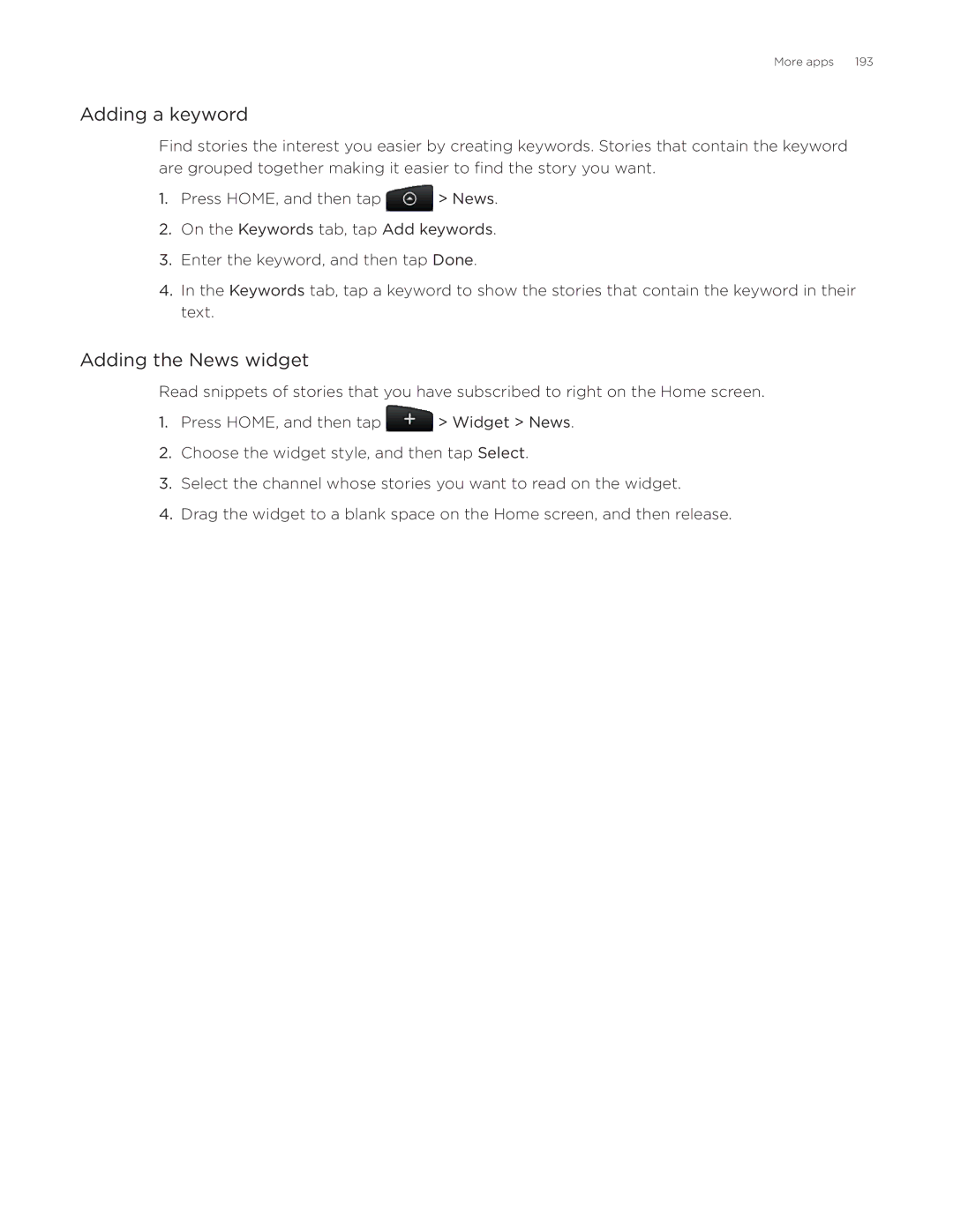 HTC Desire manual Adding a keyword, Adding the News widget 