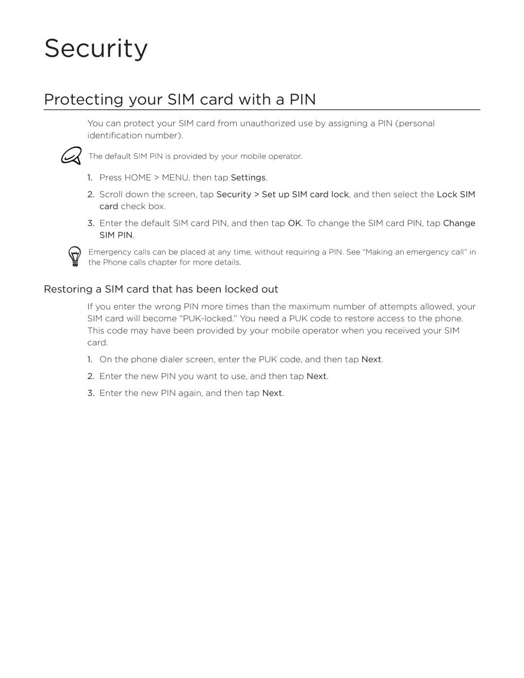 HTC Desire manual Security, Protecting your SIM card with a PIN, Restoring a SIM card that has been locked out 