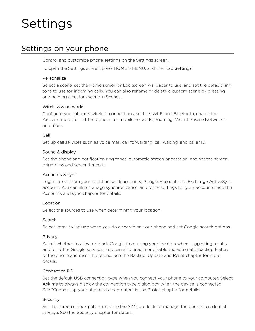 HTC Desire manual Settings on your phone 