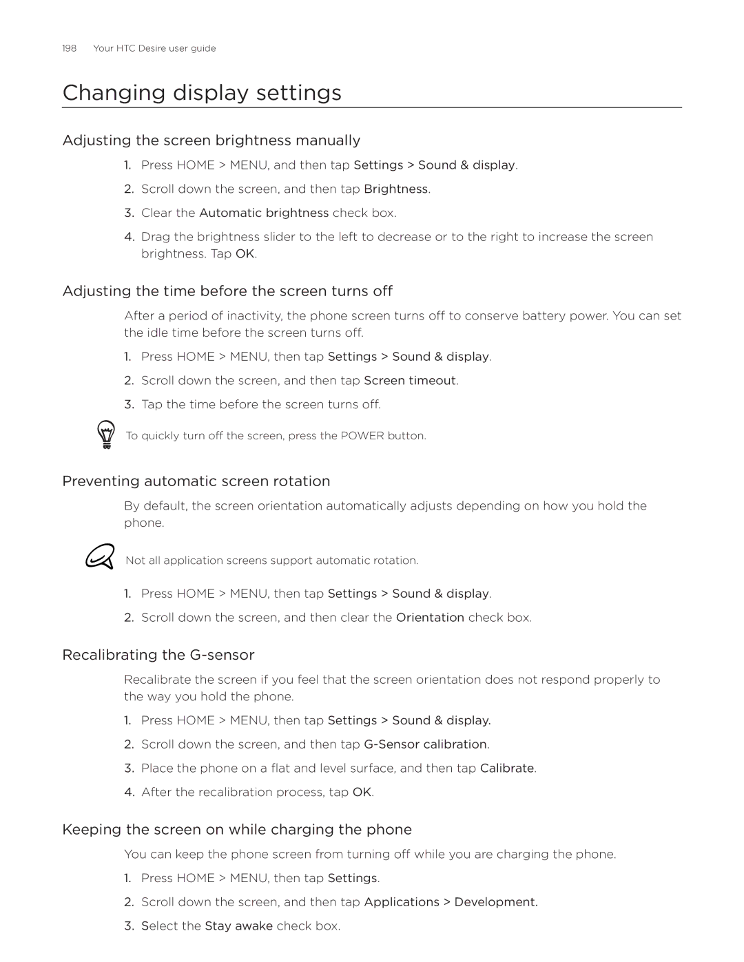 HTC Desire manual Changing display settings 