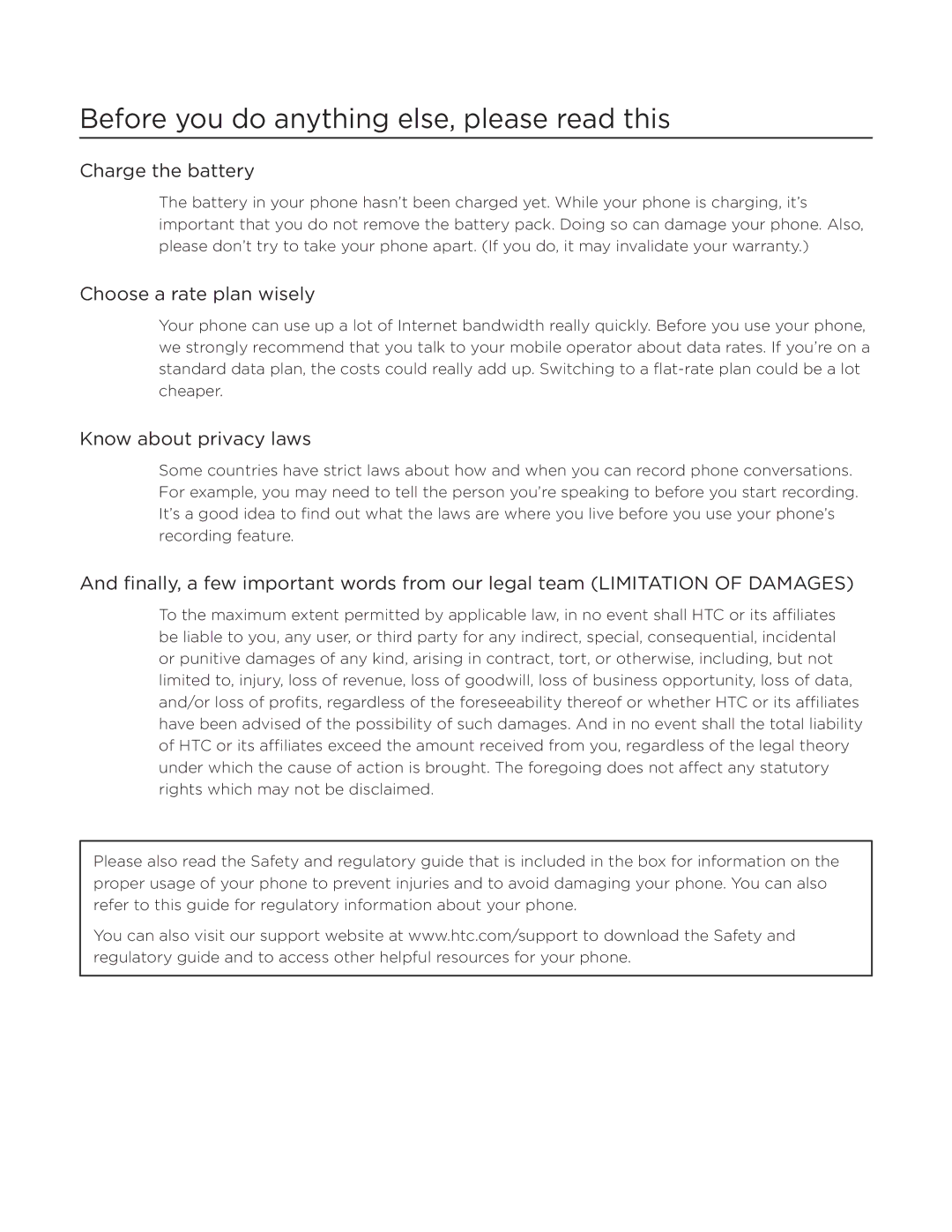 HTC Desire manual Before you do anything else, please read this, Charge the battery, Choose a rate plan wisely 