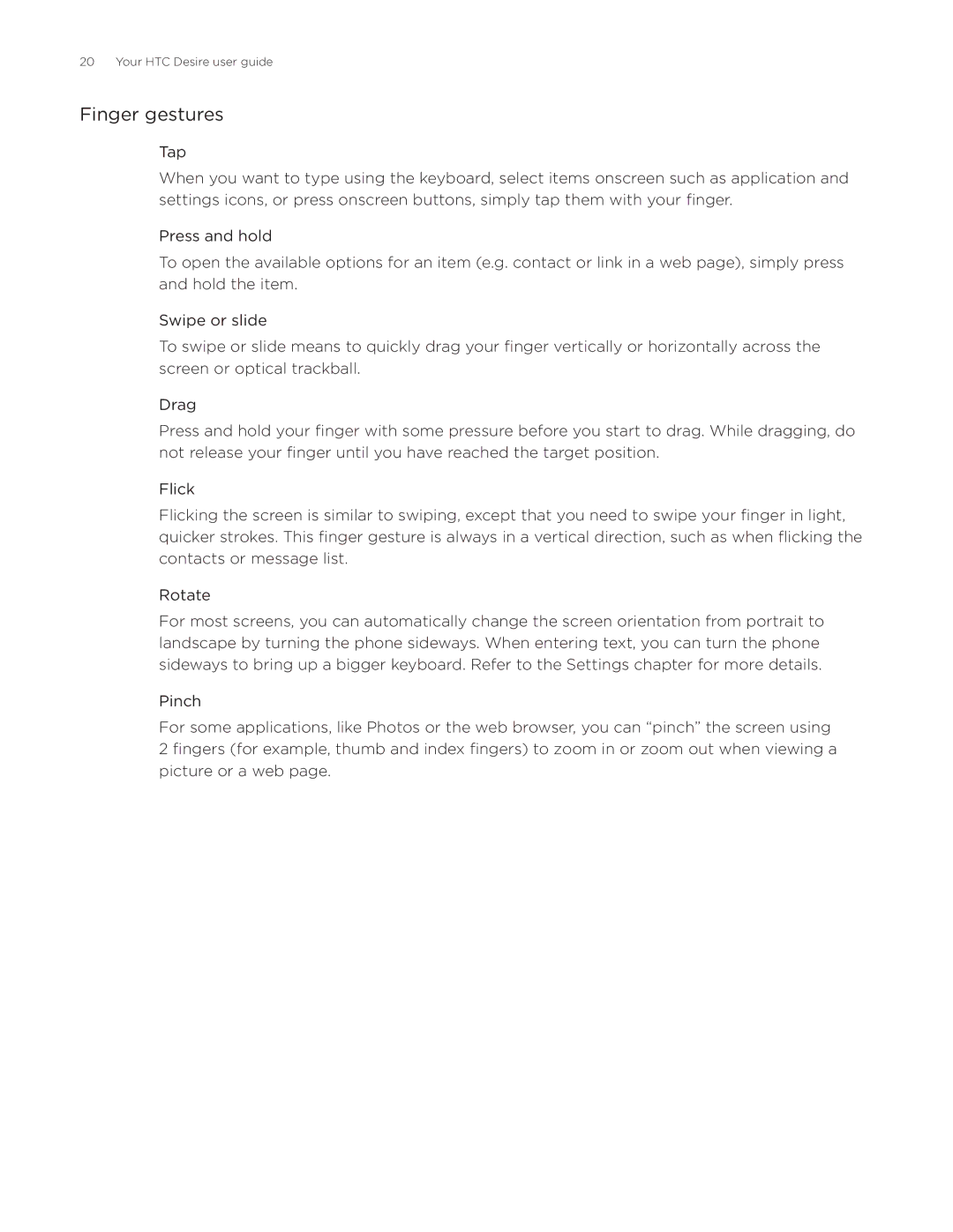 HTC Desire manual Finger gestures 