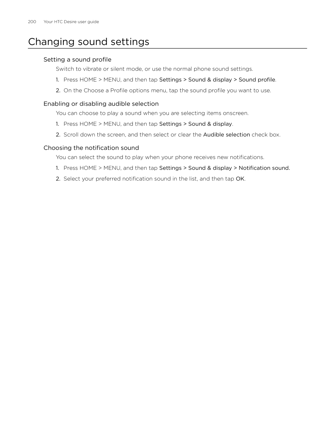 HTC Desire manual Changing sound settings, Setting a sound profile, Enabling or disabling audible selection 