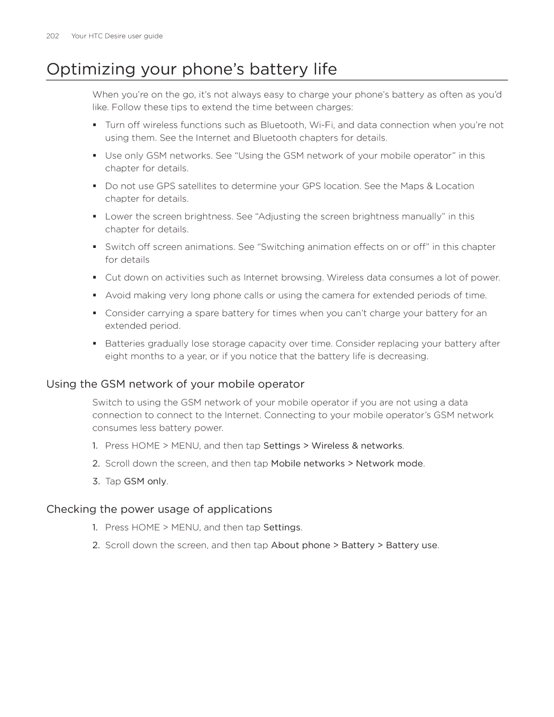 HTC Desire manual Optimizing your phone’s battery life, Using the GSM network of your mobile operator 