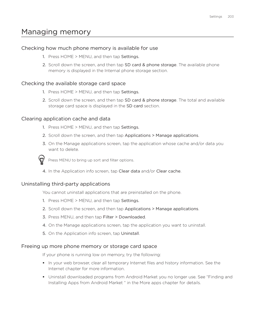 HTC Desire manual Managing memory 