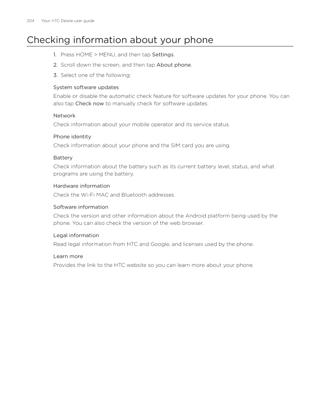 HTC Desire manual Checking information about your phone 