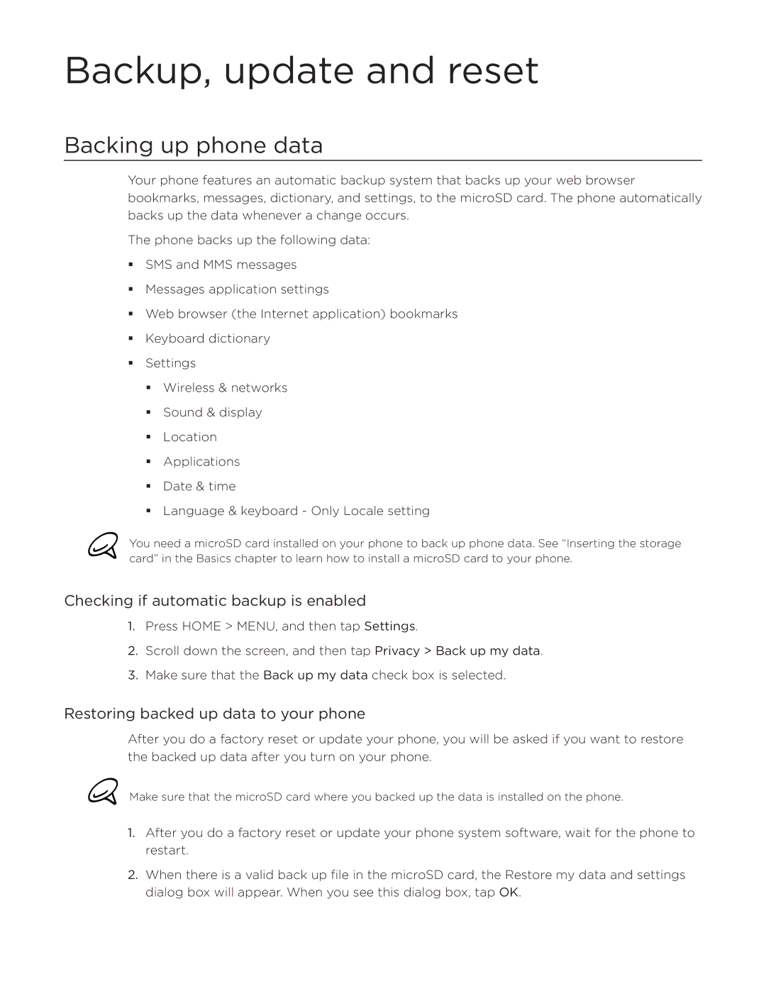 HTC Desire manual Backup, update and reset, Backing up phone data, Checking if automatic backup is enabled 