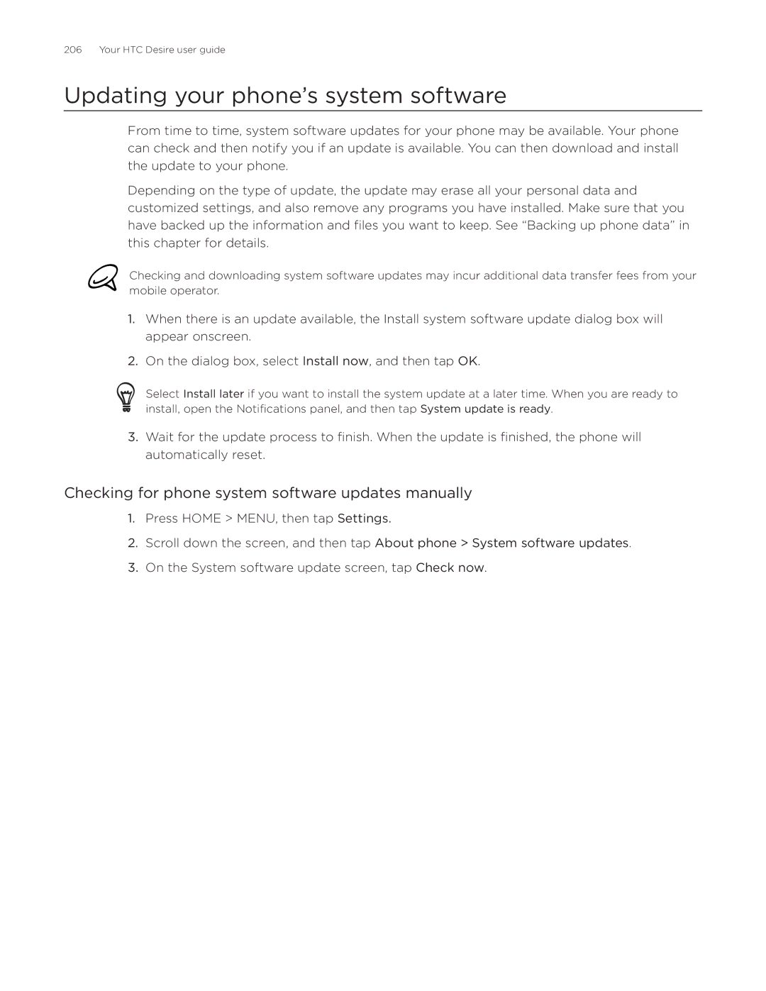 HTC Desire Updating your phone’s system software, Checking for phone system software updates manually 