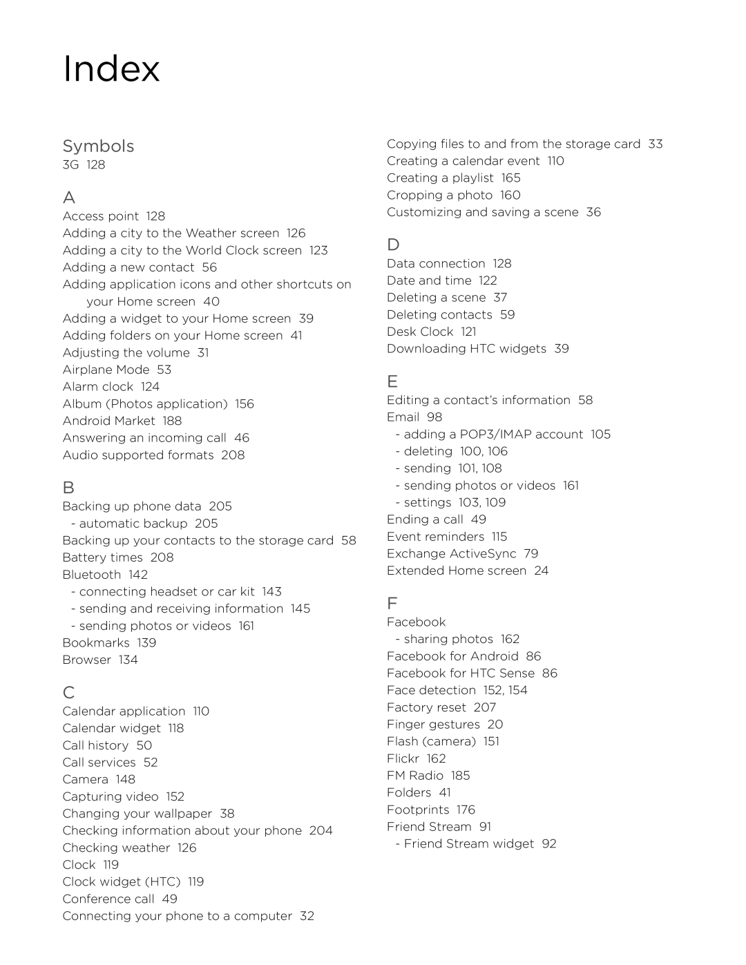 HTC Desire manual Index, Symbols 