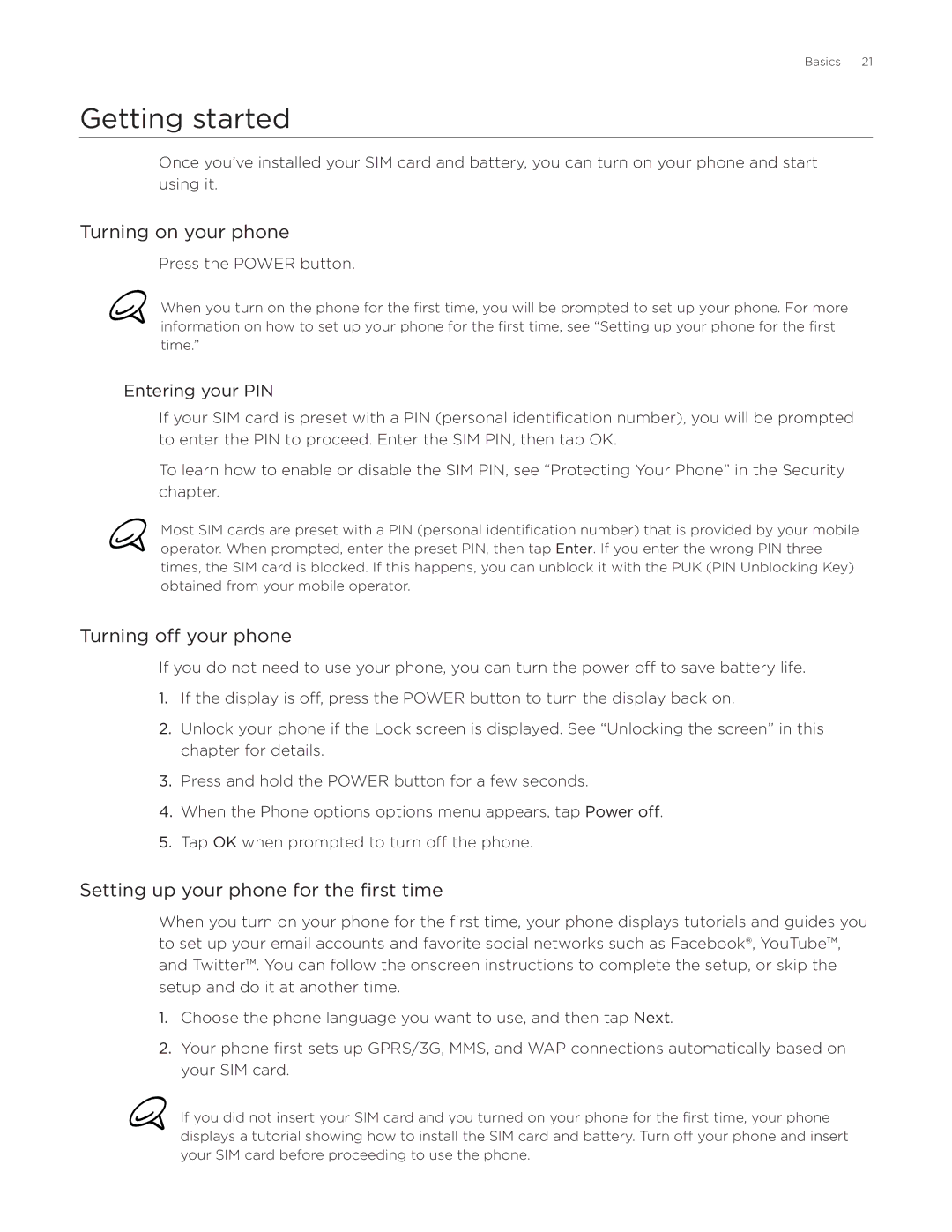 HTC Desire manual Getting started, Turning on your phone, Turning off your phone, Setting up your phone for the first time 