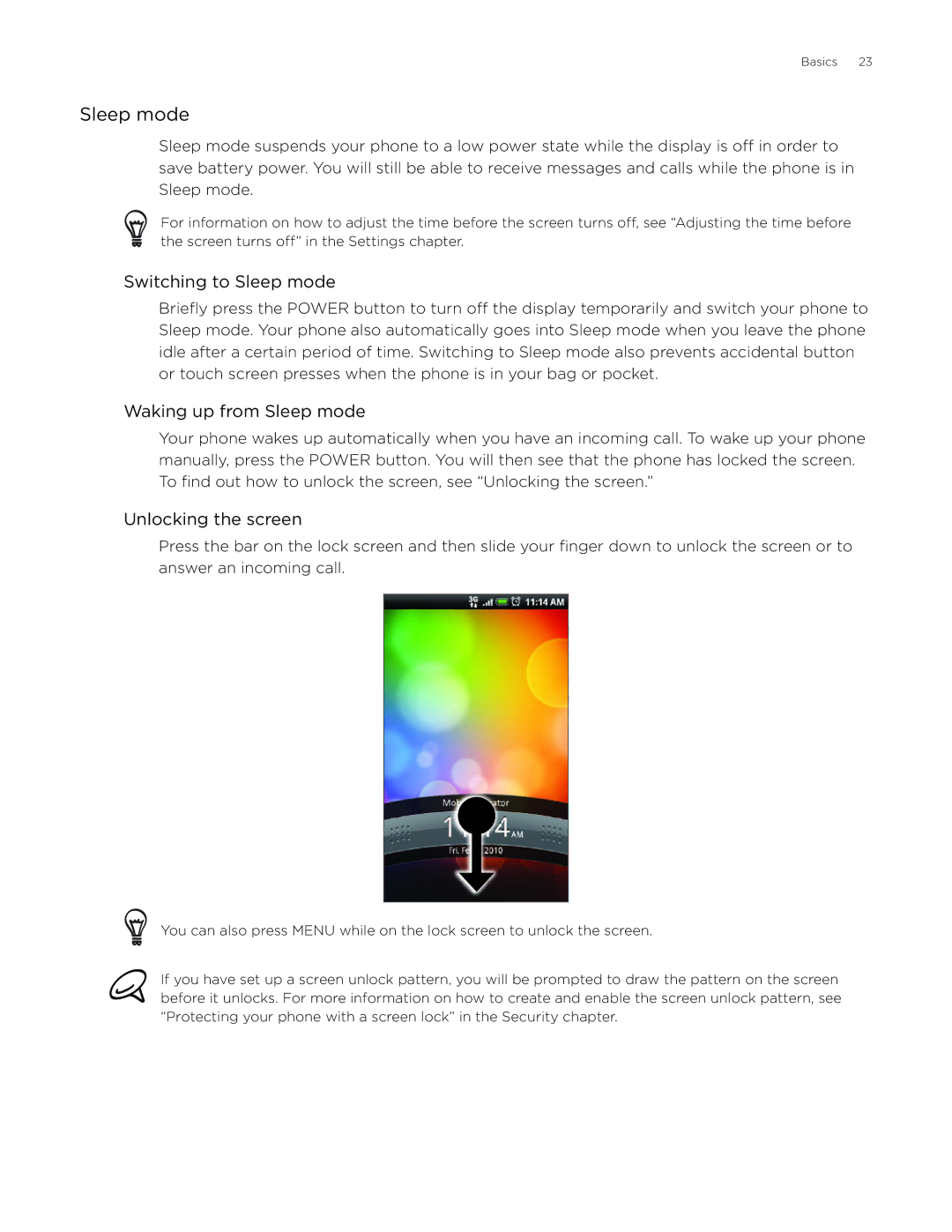 HTC Desire manual Switching to Sleep mode, Waking up from Sleep mode, Unlocking the screen 