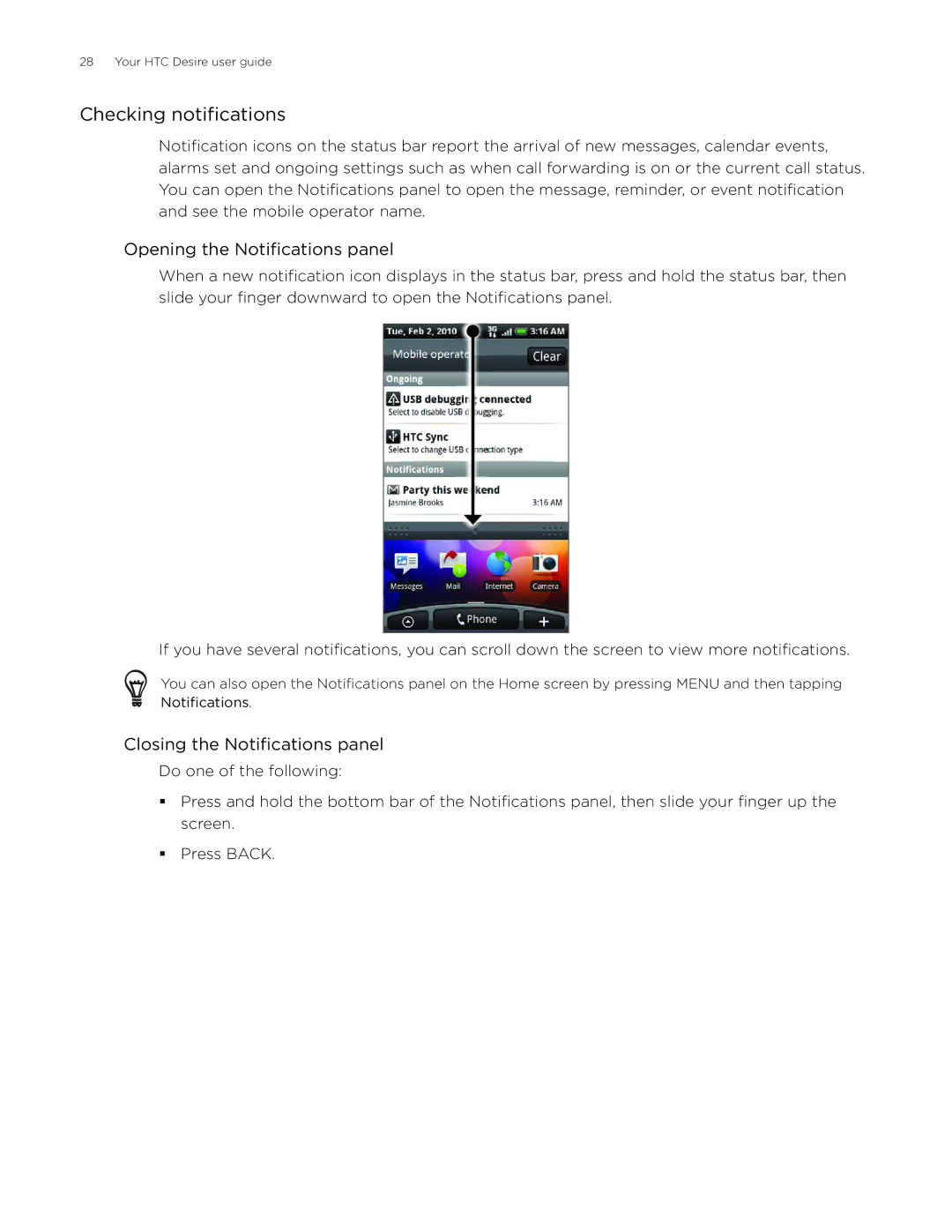 HTC Desire manual Checking notifications, Opening the Notifications panel, Closing the Notifications panel 