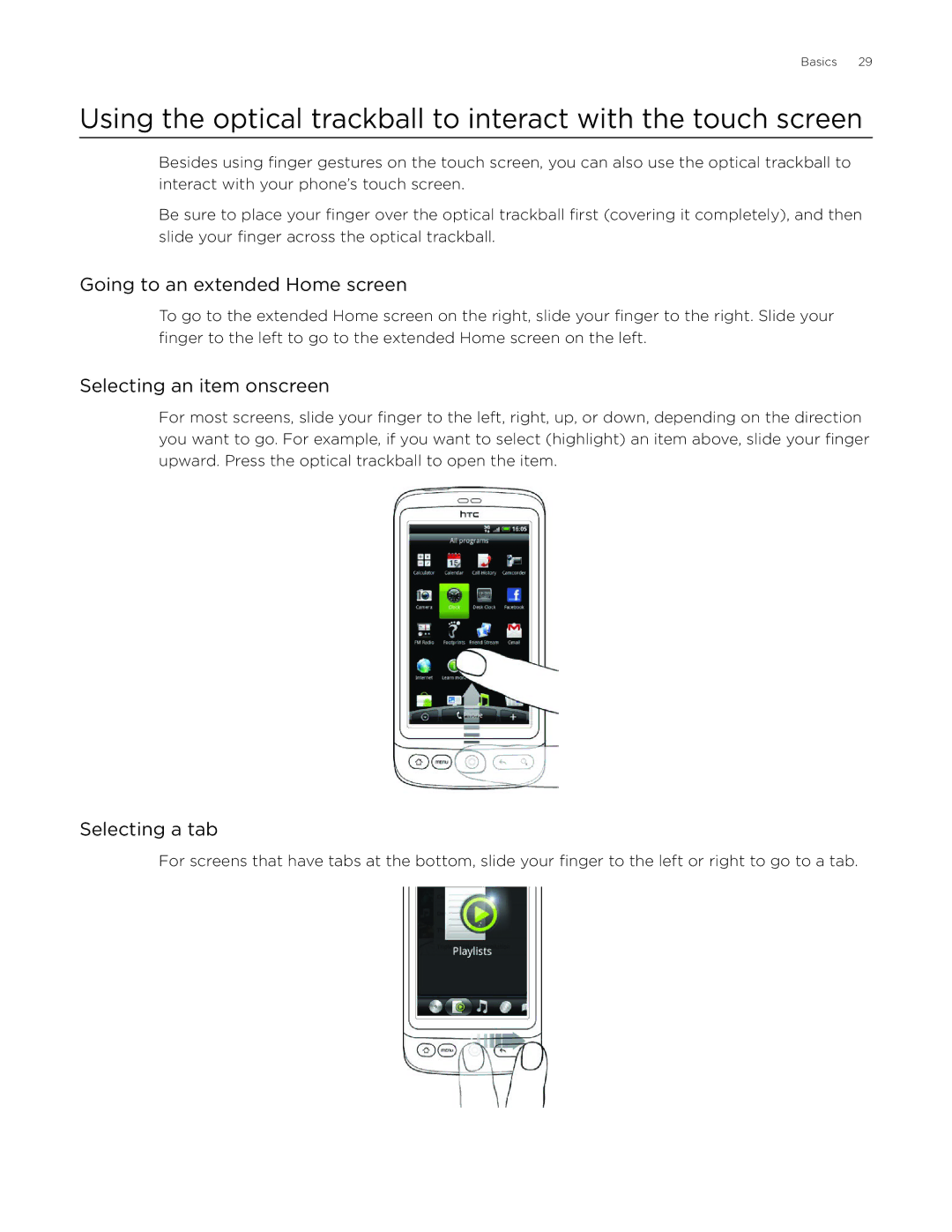 HTC Desire manual Going to an extended Home screen, Selecting an item onscreen, Selecting a tab 