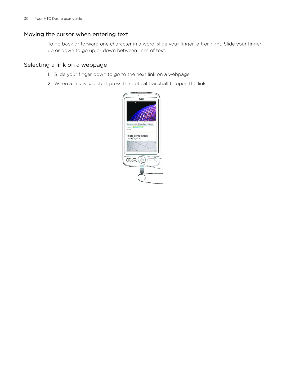 HTC Desire manual Moving the cursor when entering text, Selecting a link on a webpage 