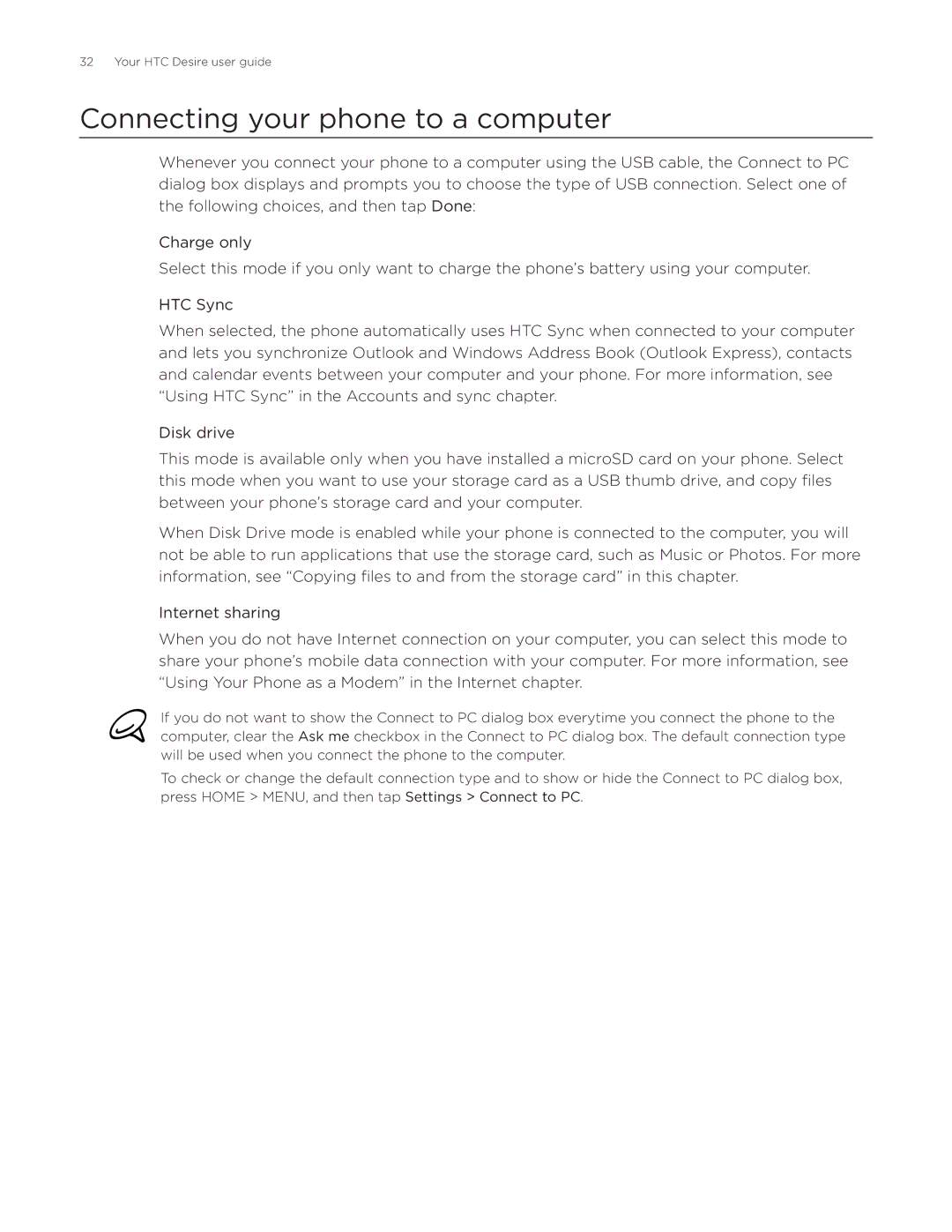 HTC Desire manual Connecting your phone to a computer 