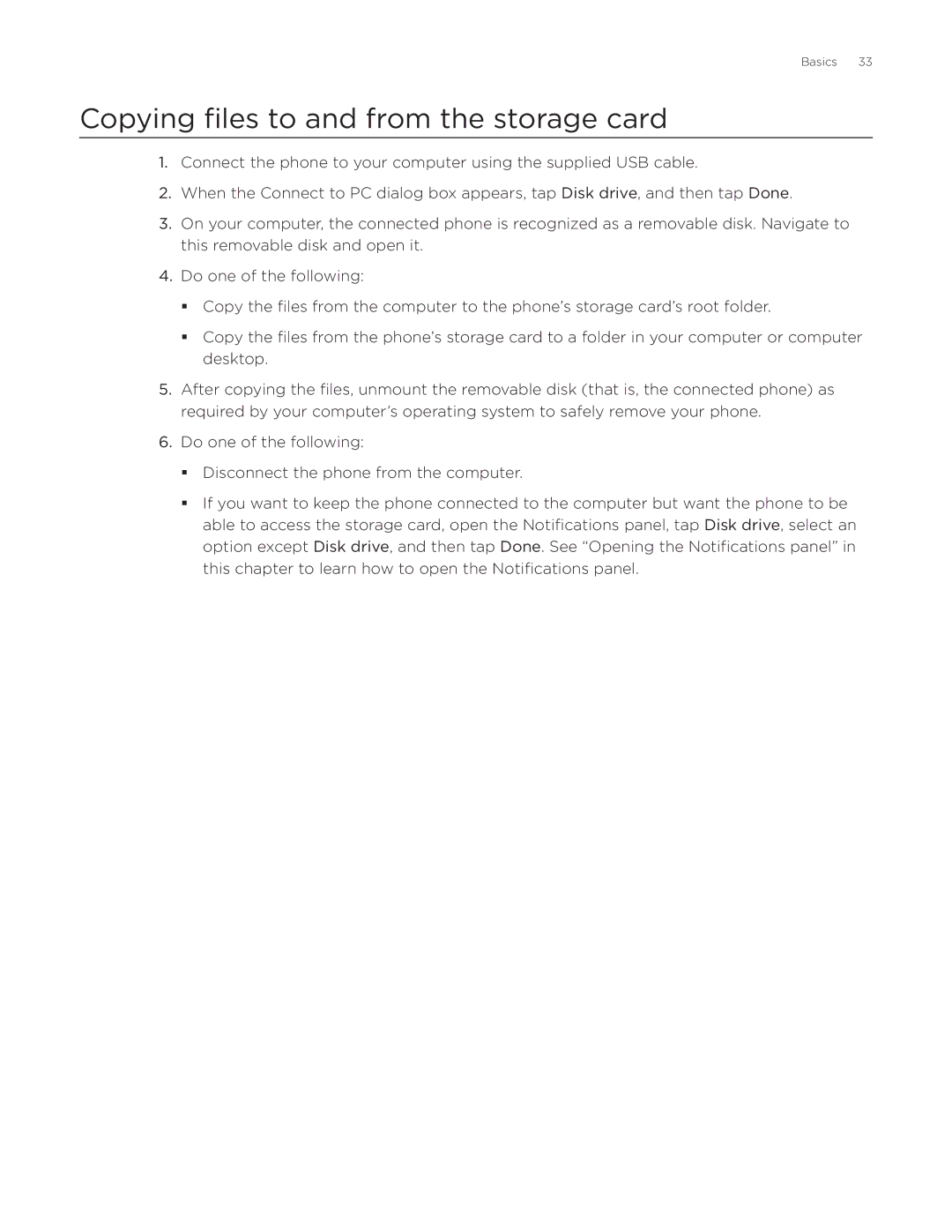 HTC Desire manual Copying files to and from the storage card 