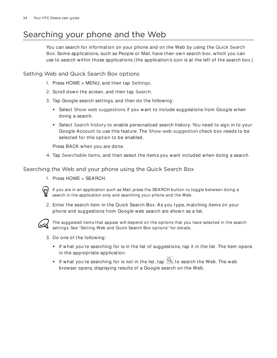 HTC Desire manual Searching your phone and the Web, Setting Web and Quick Search Box options 