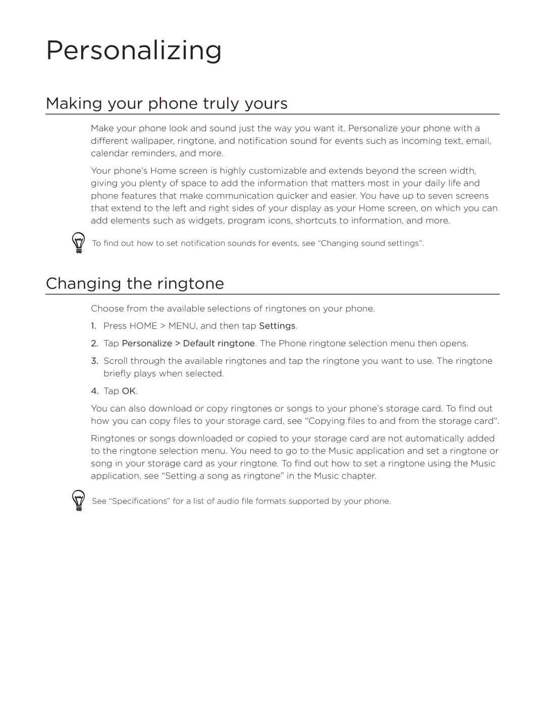 HTC Desire manual Personalizing, Making your phone truly yours, Changing the ringtone 