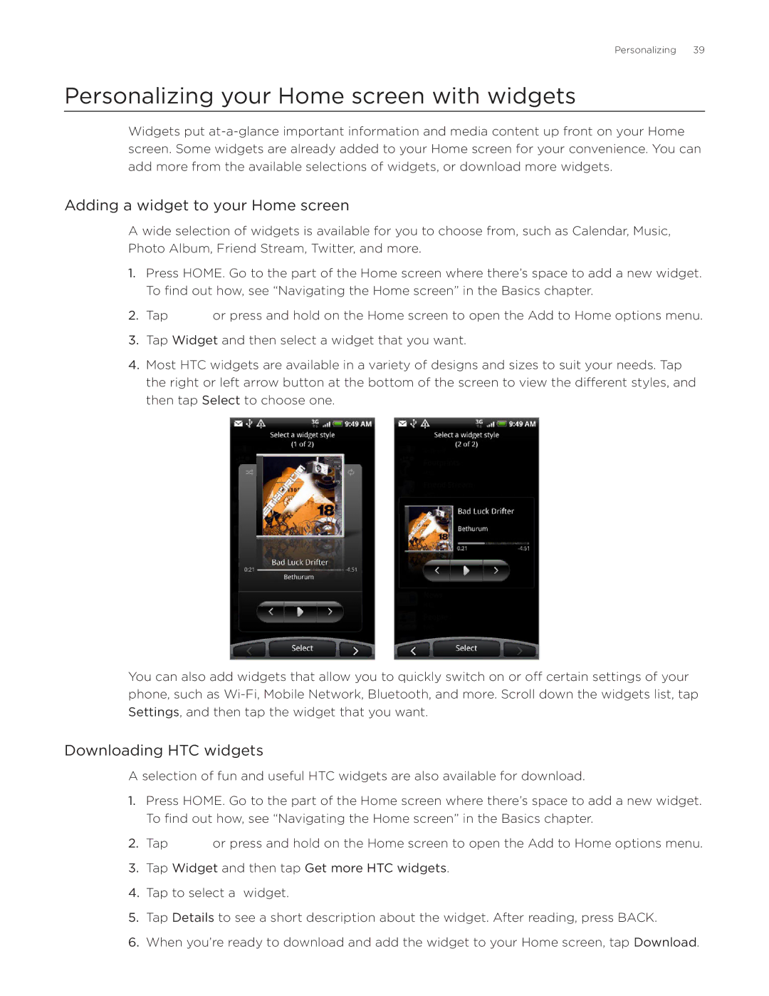 HTC Desire manual Personalizing your Home screen with widgets, Adding a widget to your Home screen, Downloading HTC widgets 