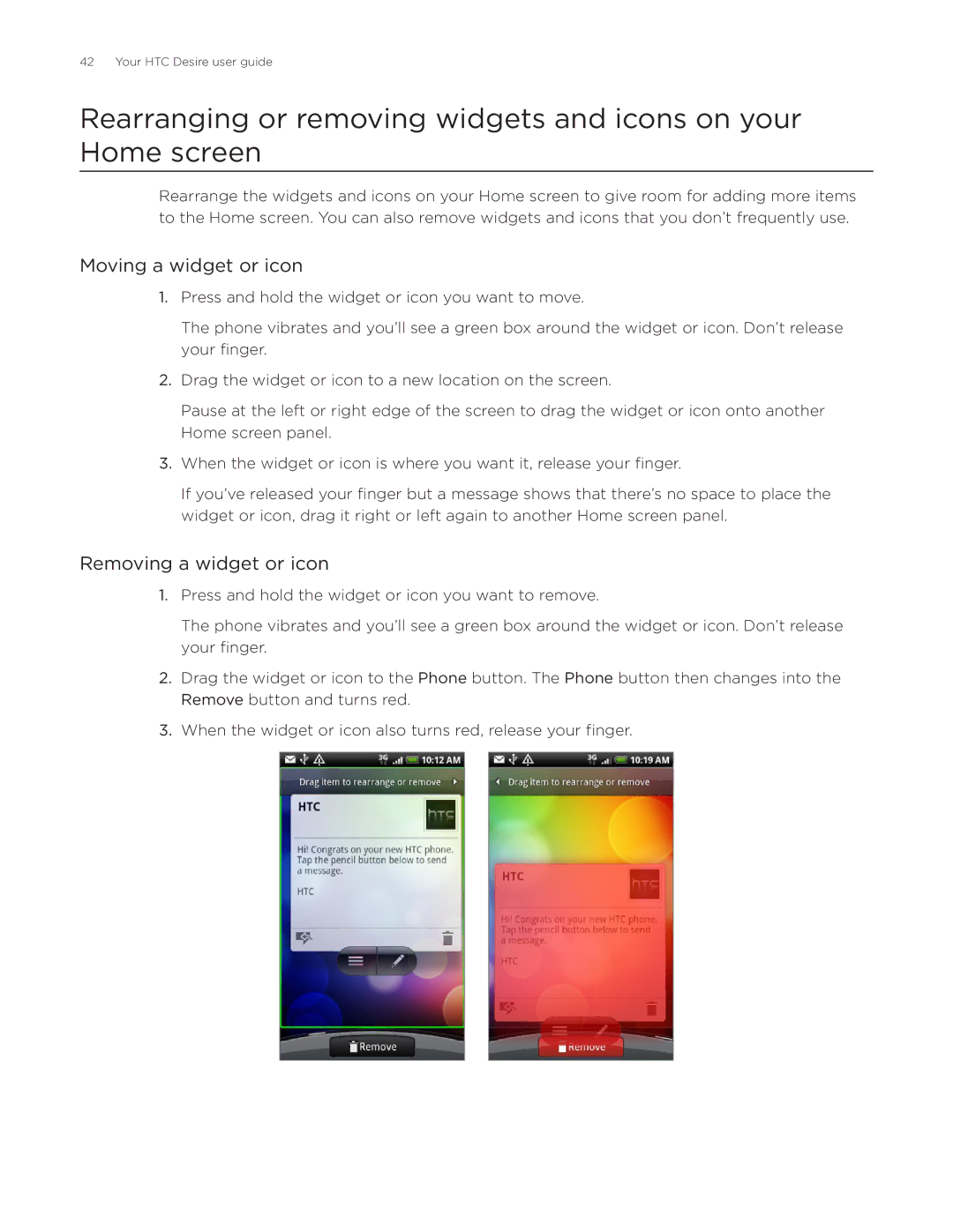 HTC Desire manual Moving a widget or icon, Removing a widget or icon 