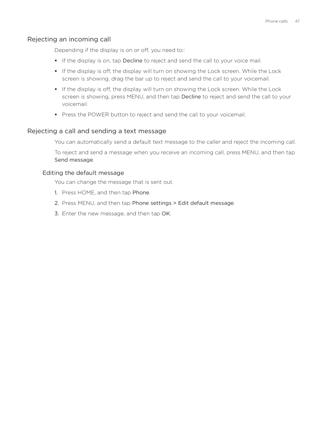 HTC Desire manual Rejecting an incoming call, Rejecting a call and sending a text message, Editing the default message 
