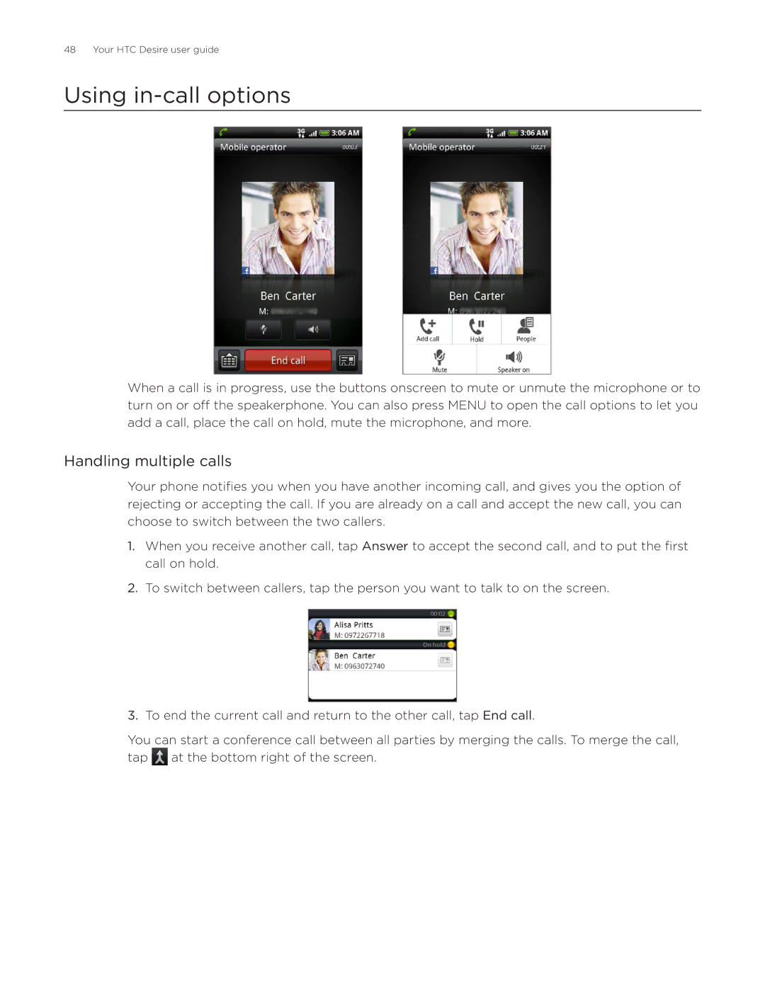 HTC Desire manual Using in-call options, Handling multiple calls 