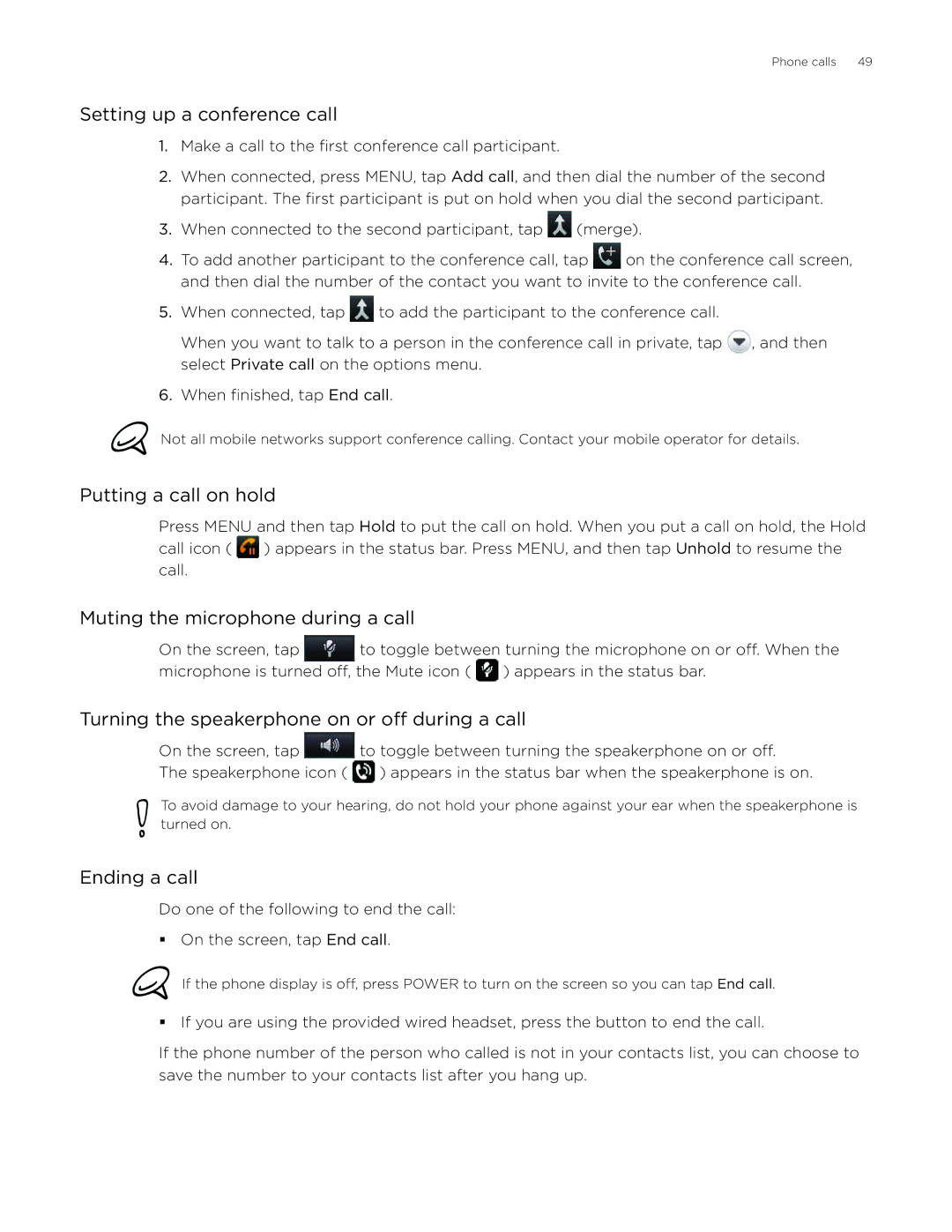 HTC Desire manual Setting up a conference call, Putting a call on hold, Muting the microphone during a call, Ending a call 