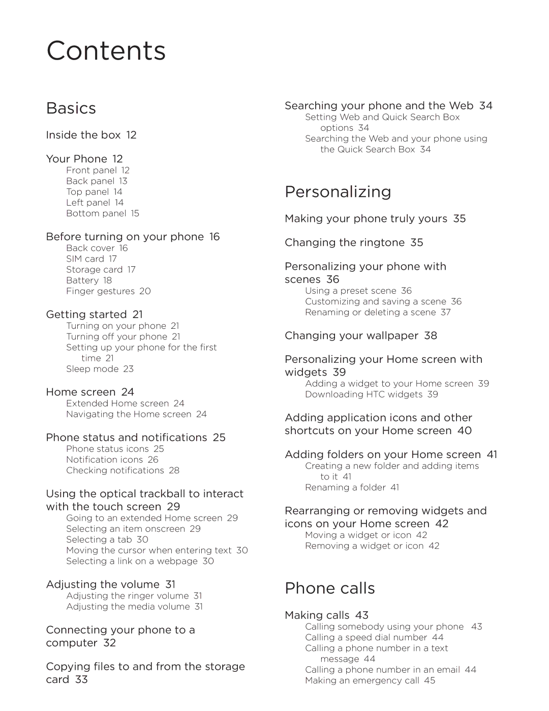 HTC Desire manual Contents 