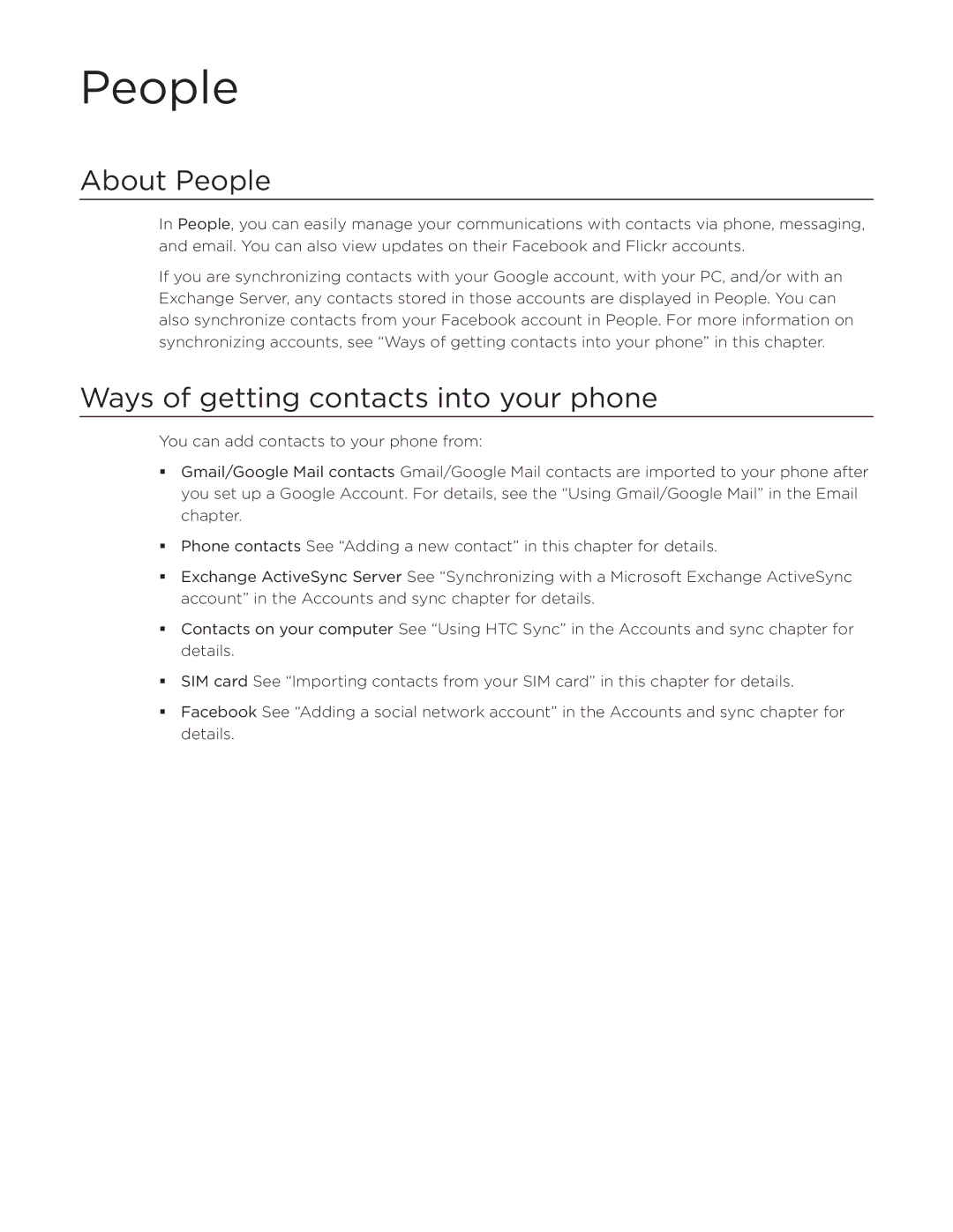 HTC Desire manual About People, Ways of getting contacts into your phone 