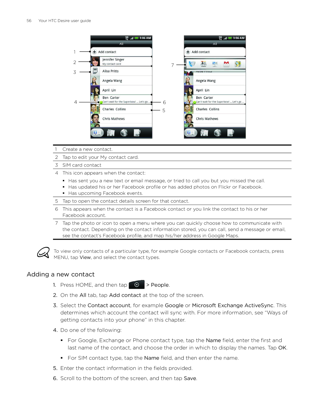 HTC Desire manual Adding a new contact 