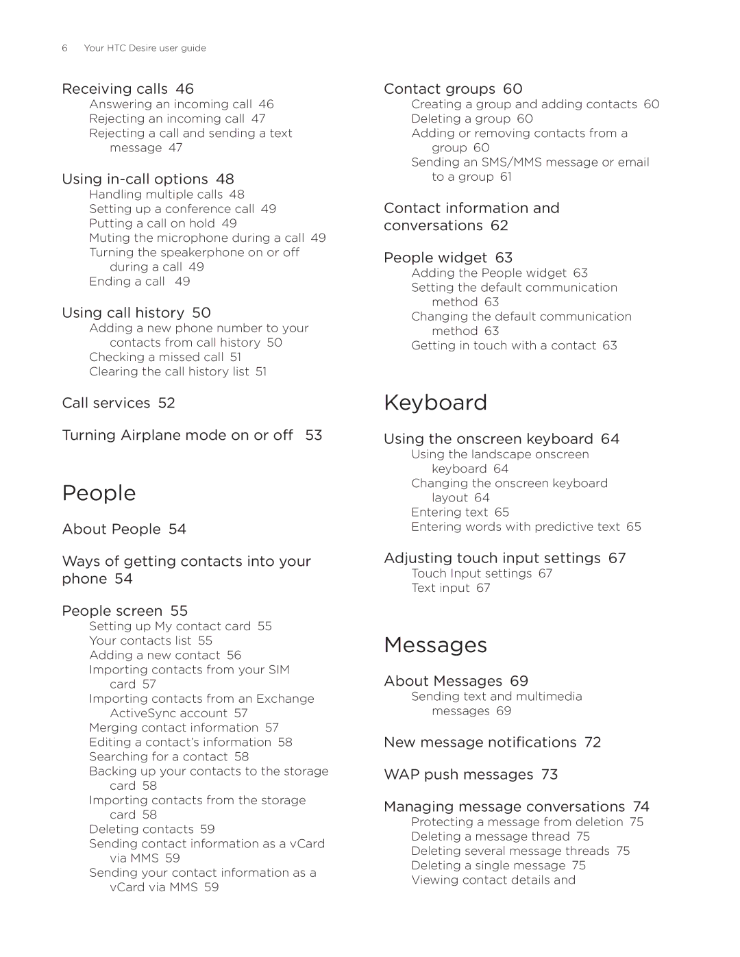 HTC Desire manual People, Keyboard, Messages 