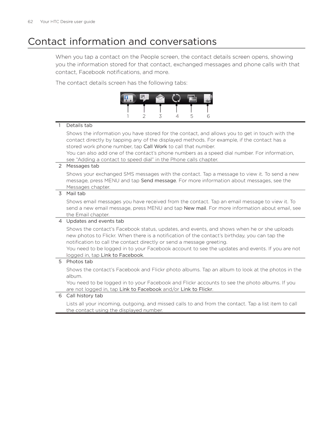 HTC Desire manual Contact information and conversations 