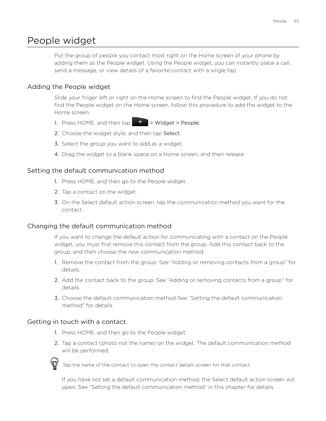 HTC Desire manual Adding the People widget, Setting the default communication method, Getting in touch with a contact 