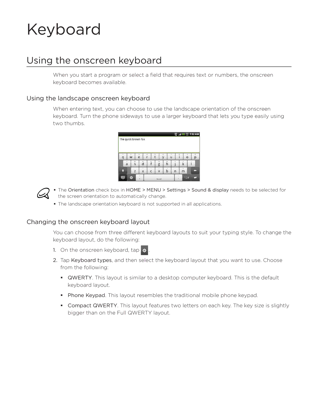 HTC Desire manual Keyboard, Using the onscreen keyboard, Using the landscape onscreen keyboard 