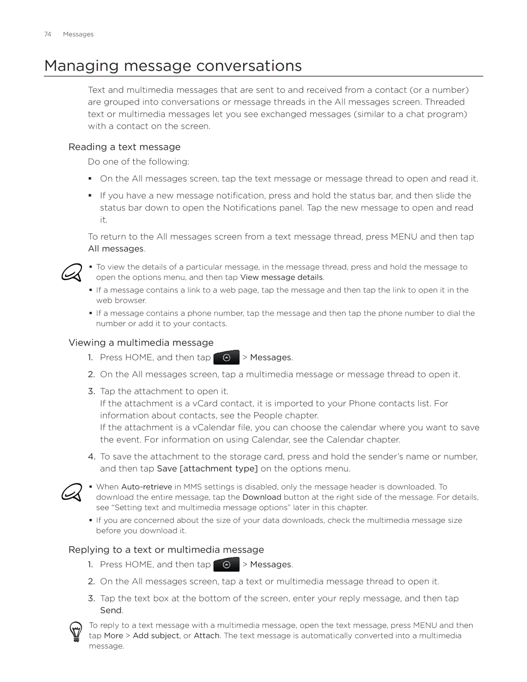 HTC Desire manual Managing message conversations, Reading a text message, Viewing a multimedia message 