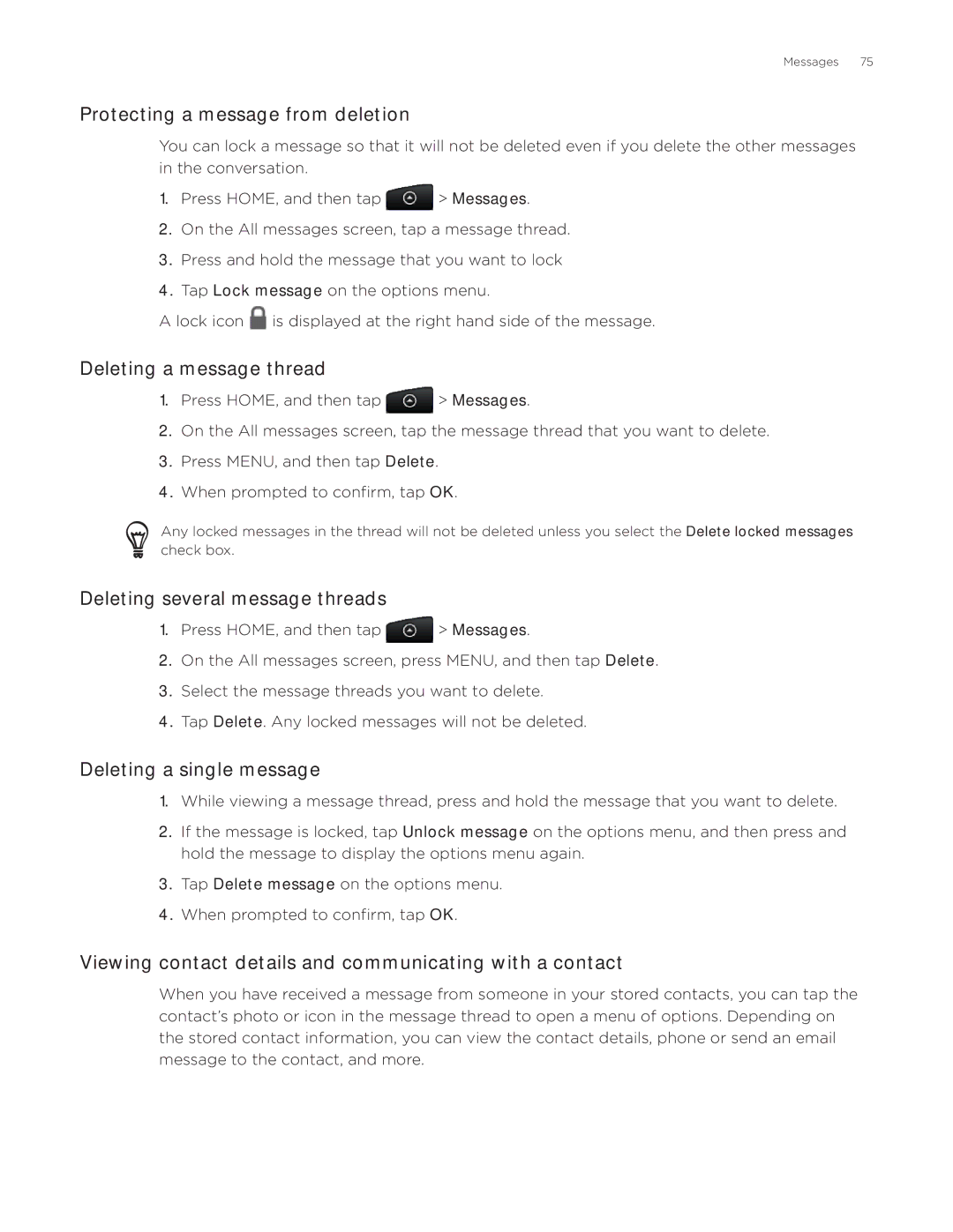 HTC Desire manual Protecting a message from deletion, Deleting a message thread, Deleting several message threads 