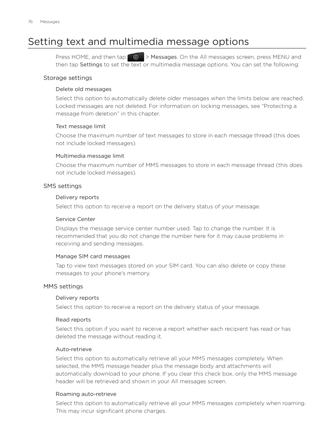 HTC Desire manual Setting text and multimedia message options, Storage settings, SMS settings, MMS settings 