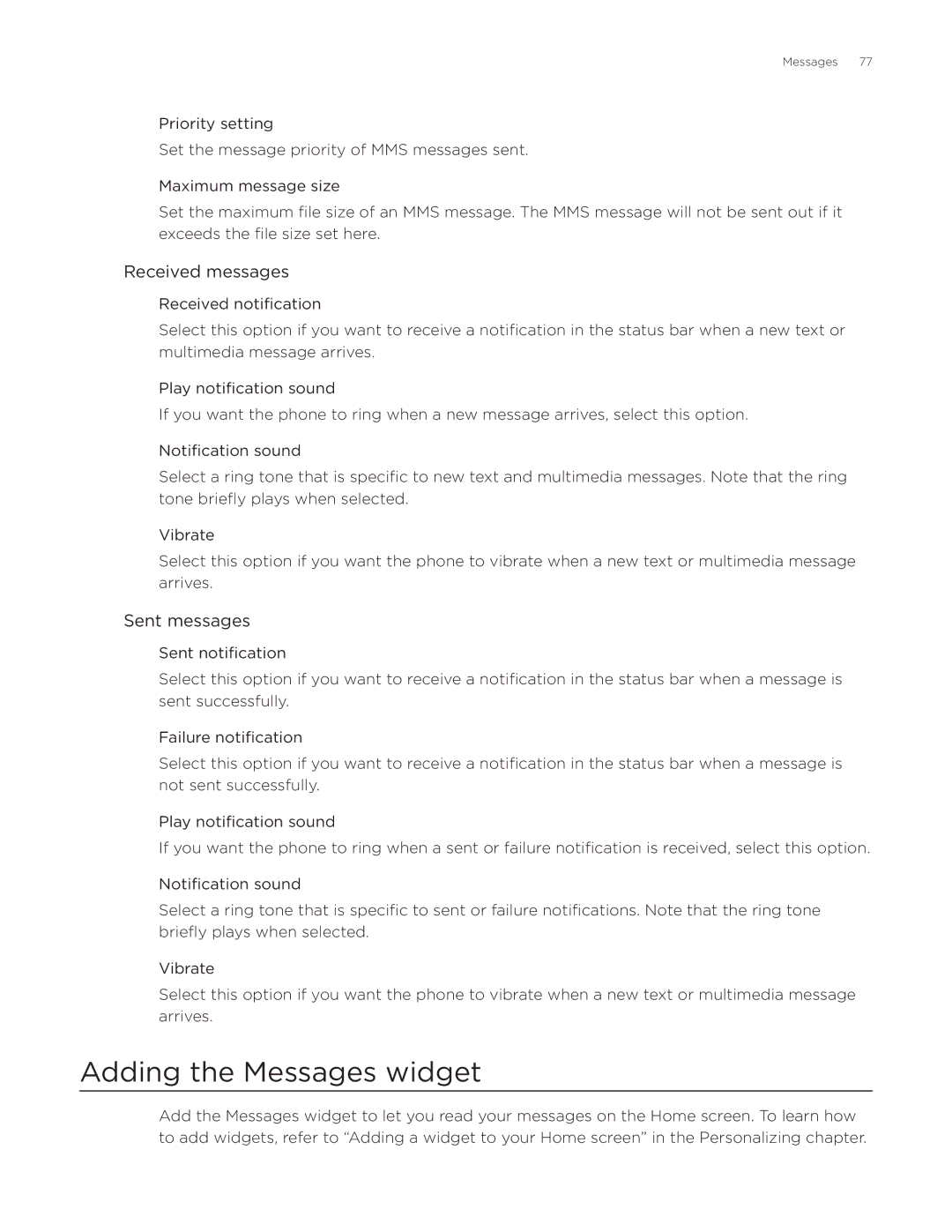 HTC Desire manual Adding the Messages widget, Received messages, Sent messages 