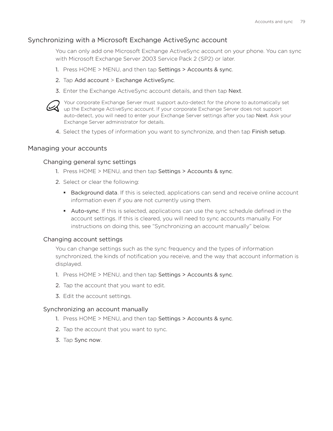 HTC Desire Synchronizing with a Microsoft Exchange ActiveSync account, Managing your accounts, Changing account settings 