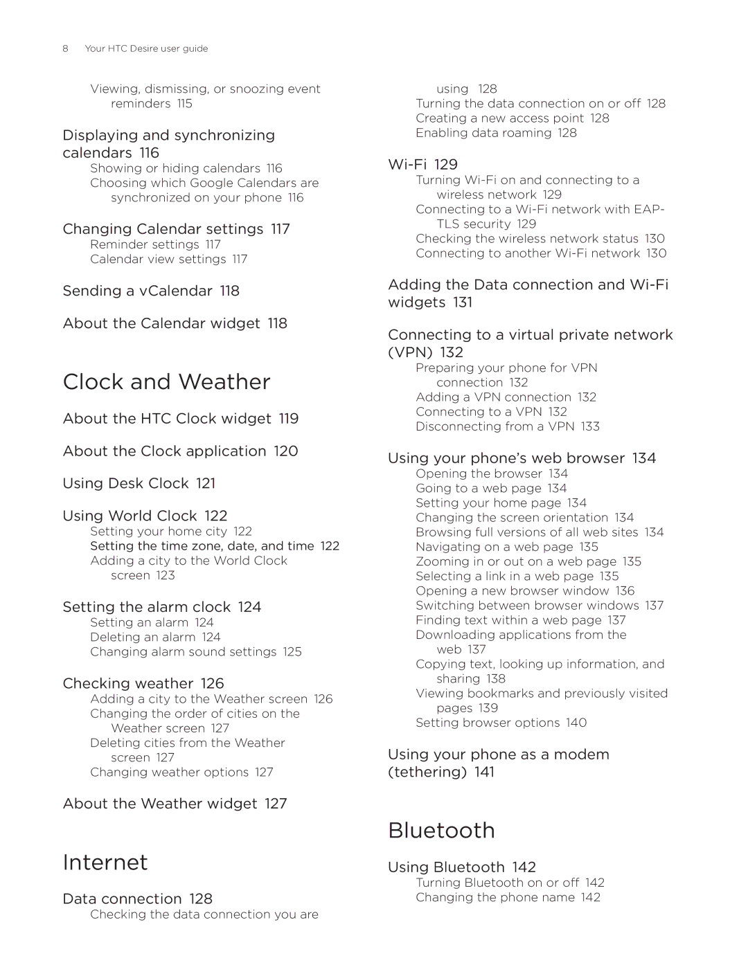 HTC Desire manual Clock and Weather, Internet, Bluetooth 